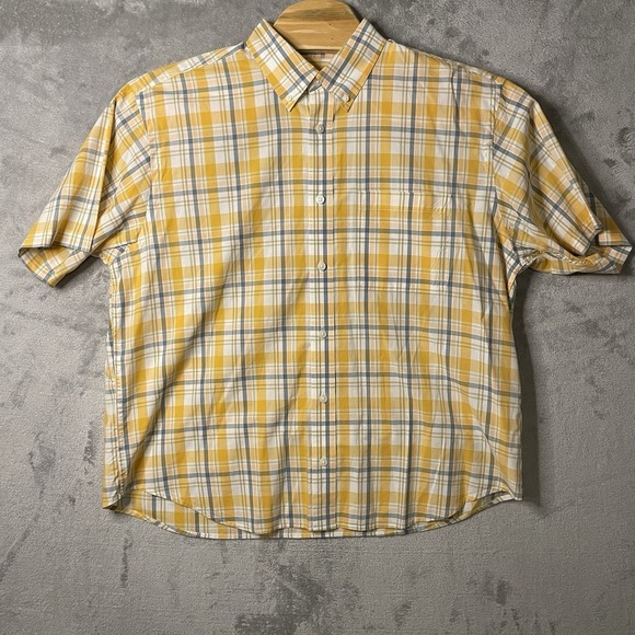 ORVIS‎ Button Down Shirt Mens XL Yellow Plaid W/ White Grey Short Sleeve  Cotton - Picture 1 of 7